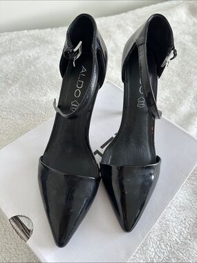 Aldo Black Patent Pointed Toe Ankle-Strap Heels